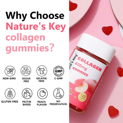Nature's Key Collagen Gummies – 600mg Collagen, Vitamin C & Biotin, Sugar-Free Peach (120 Gummies)
