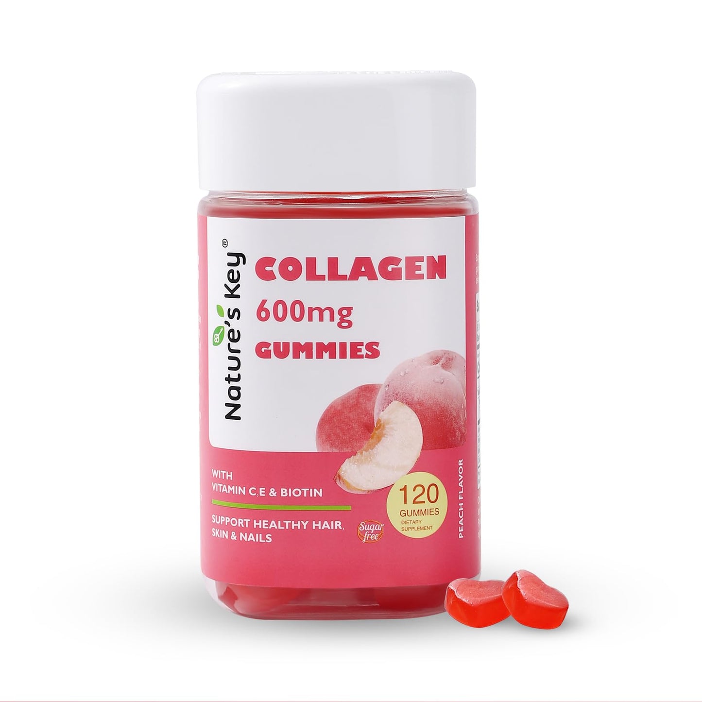 Nature's Key Collagen Gummies – 600mg Collagen, Vitamin C & Biotin, Sugar-Free Peach (120 Gummies)