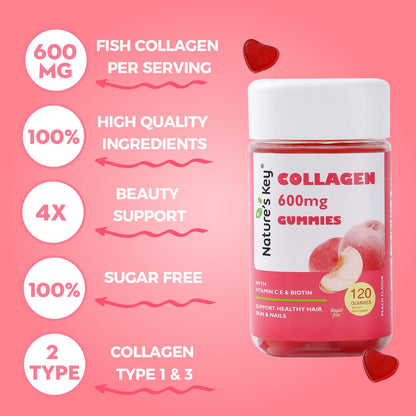 Nature's Key Collagen Gummies – 600mg Collagen, Vitamin C & Biotin, Sugar-Free Peach (120 Gummies)
