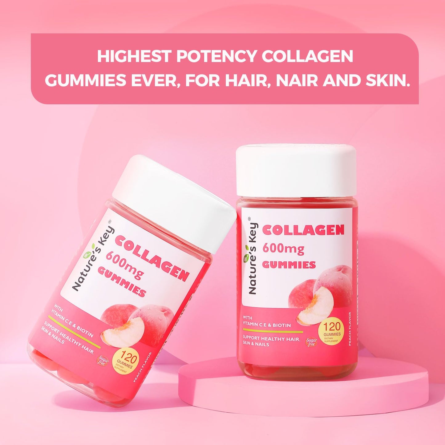 Nature's Key Collagen Gummies – 600mg Collagen, Vitamin C & Biotin, Sugar-Free Peach (120 Gummies)