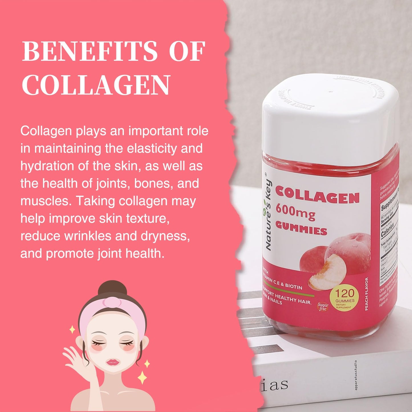 Nature's Key Collagen Gummies – 600mg Collagen, Vitamin C & Biotin, Sugar-Free Peach (120 Gummies)
