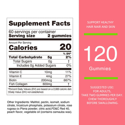 Nature's Key Collagen Gummies – 600mg Collagen, Vitamin C & Biotin, Sugar-Free Peach (120 Gummies)
