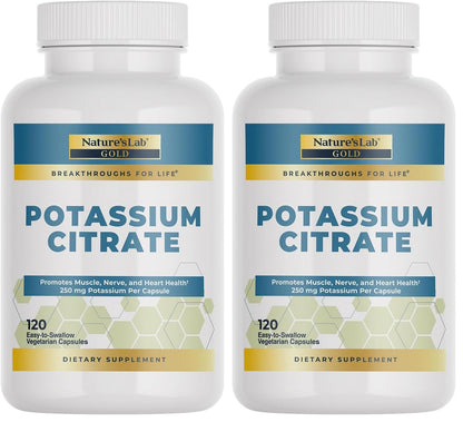 Nature's Lab Gold Potassium Citrate 250mg - 120 Capsules (Pack of 2) - Heart, Nerve & Muscle Support