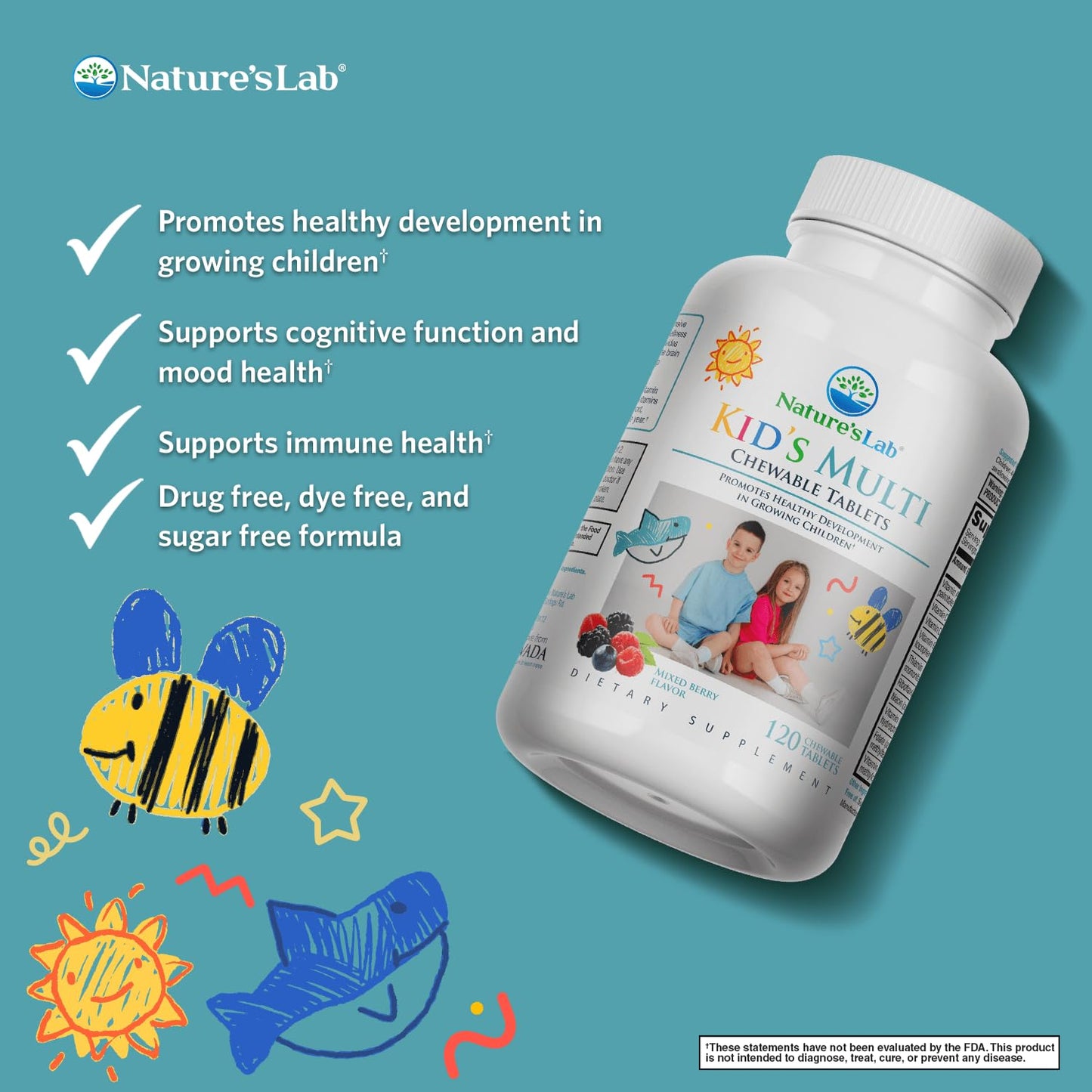 Nature's Lab Kid's Multi Vitamin for Ages 2+ | Mixed Berry Chewables, 120 Tablets