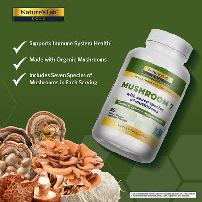 Nature's Lab Mushroom 7 Organic Blend – Immune Support, Cell Function & Endurance (90 Capsules) Pack of 2