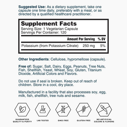 Nature's Lab Gold Potassium Citrate 250mg - 120 Capsules (Pack of 2) - Heart, Nerve & Muscle Support