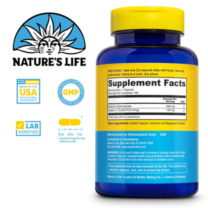 NATURE'S LIFE Betaine HCl with Pepsin – Digestive Health Formula, 100 Servings