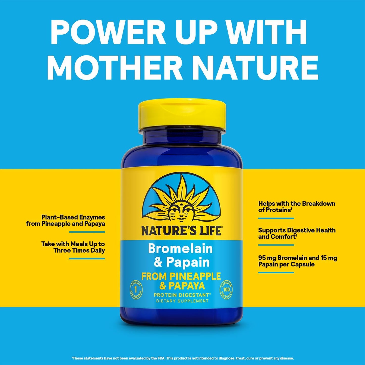 Nature's Life Bromelain & Papain from Pineapple and Papaya - Digestive Enzymes for Women and Men - Protein Digestion, Digestive Health, Gut Health Support - Vegan, 60-Day Guarantee - 100 Servings