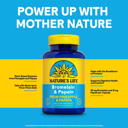 Nature's Life Bromelain & Papain from Pineapple and Papaya - Digestive Enzymes for Women and Men - Protein Digestion, Digestive Health, Gut Health Support - Vegan, 60-Day Guarantee - 100 Servings