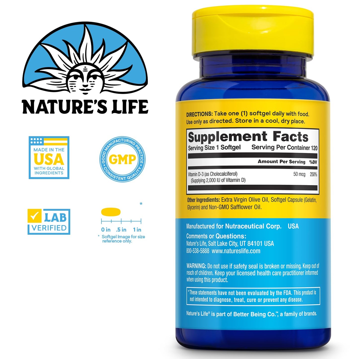 Nature's Life Vitamin D3 2000 IU – Bone Health & Immune Support (120 Servings)