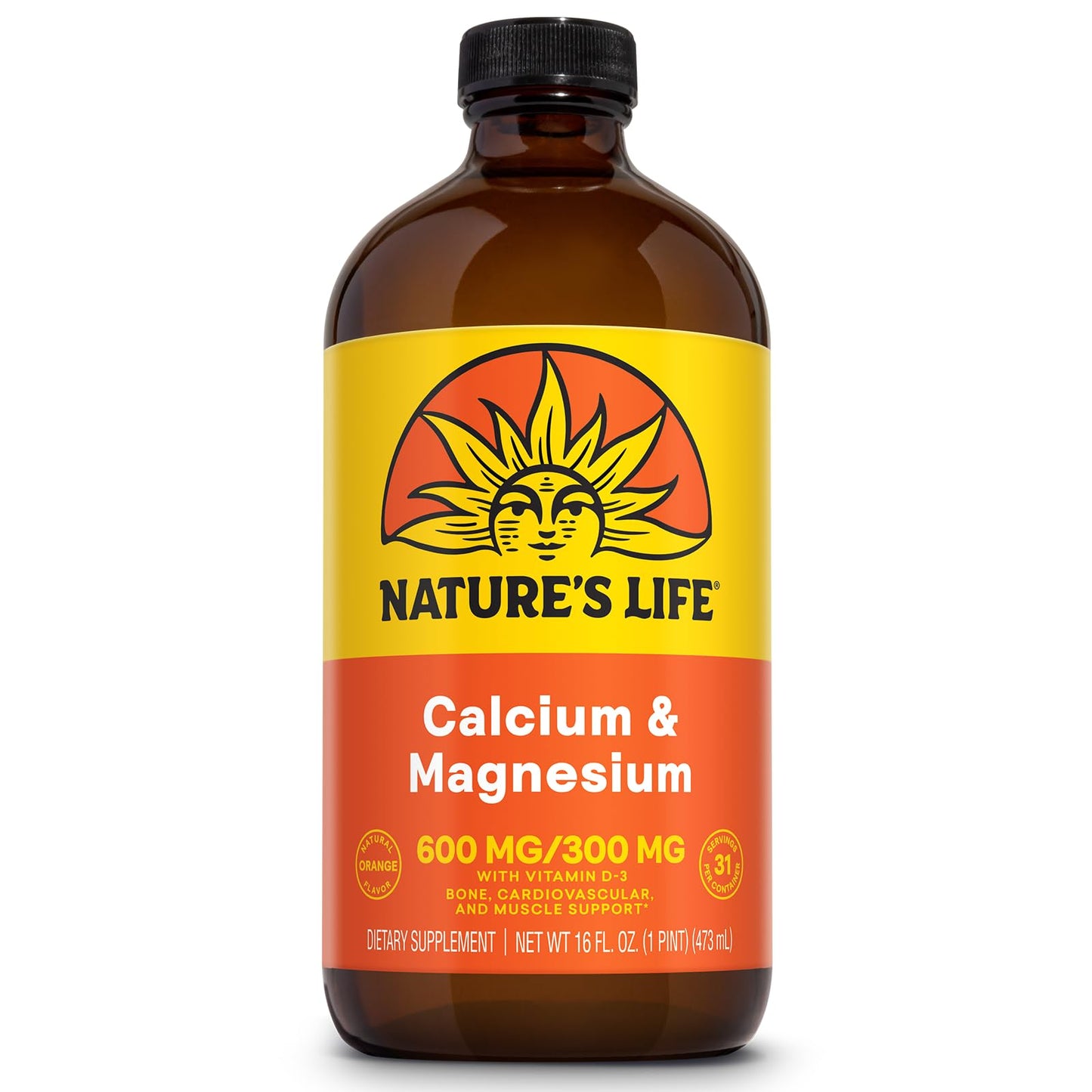 Nature's Life Liquid Calcium Magnesium + Vitamin D3 | 600mg Calcium, 300mg Magnesium, 1000 IU Vitamin D3 | 16 oz
