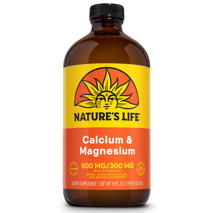 Nature's Life Liquid Calcium Magnesium + Vitamin D3 | 600mg Calcium, 300mg Magnesium, 1000 IU Vitamin D3 | 16 oz