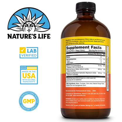 Nature's Life Liquid Calcium Magnesium + Vitamin D3 | 600mg Calcium, 300mg Magnesium, 1000 IU Vitamin D3 | 16 oz