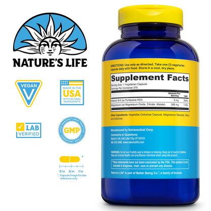 Nature's Life Magnesium 500 mg – 3-in-1 Citrate/Malate/Oxide + B-6 | 275 VegCaps
