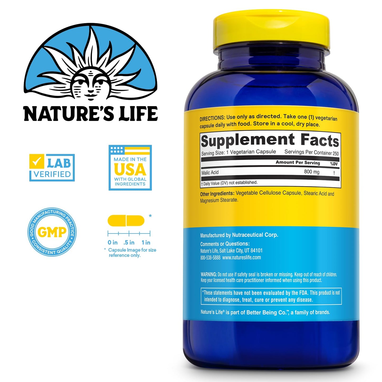 Nature's Life Malic Acid 800 mg – 250 Servings, 250 Capsules | Muscle Function & Cellular Energy