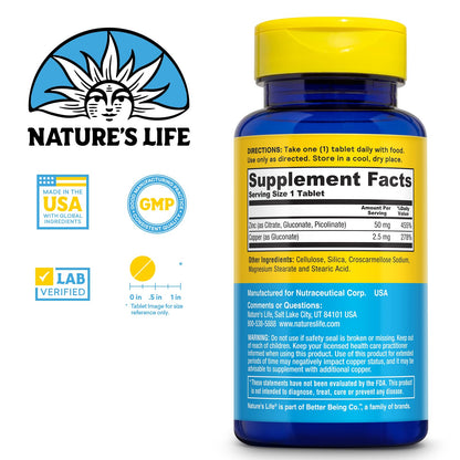 Nature's Life Protecting Zinc 50mg with Copper – Chelated Zinc for Immune Support, Bone & Heart Health