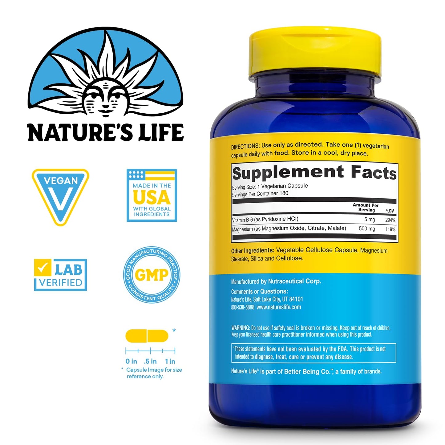 Natures Life Renewing Magnesium 500 mg + Vitamin B-6 | 180 VegCaps - Lab Verified