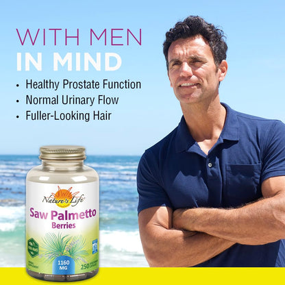 Nature's Life Saw Palmetto Berries 1160 mg - Prostate Support, Urination & Hair Health - Non-GMO | 250 Vegetarian Capsules