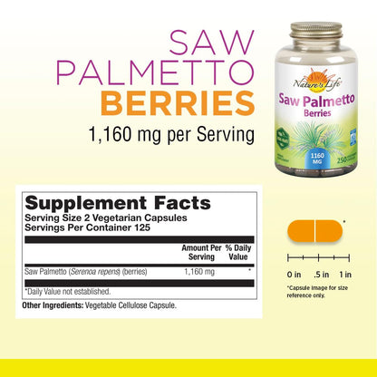 Nature's Life Saw Palmetto Berries 1160 mg - Prostate Support, Urination & Hair Health - Non-GMO | 250 Vegetarian Capsules