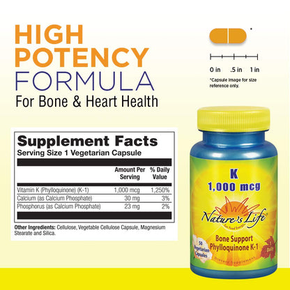 Nature's Life Vitamin K 1000mcg (Phylloquinone K-1) – Bone Health & Cardiovascular Support | 50CT