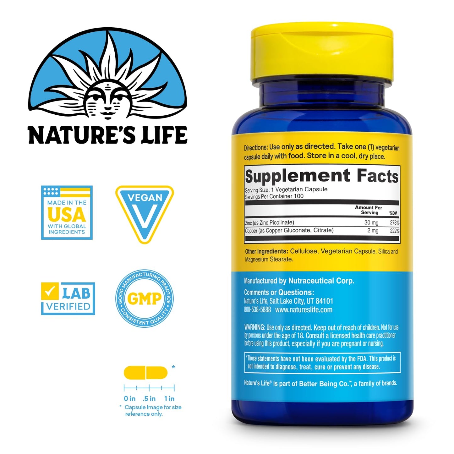 Nature's Life Zinc Picolinate 30mg + Copper 2mg – Immune, Cardiovascular & Skin Support