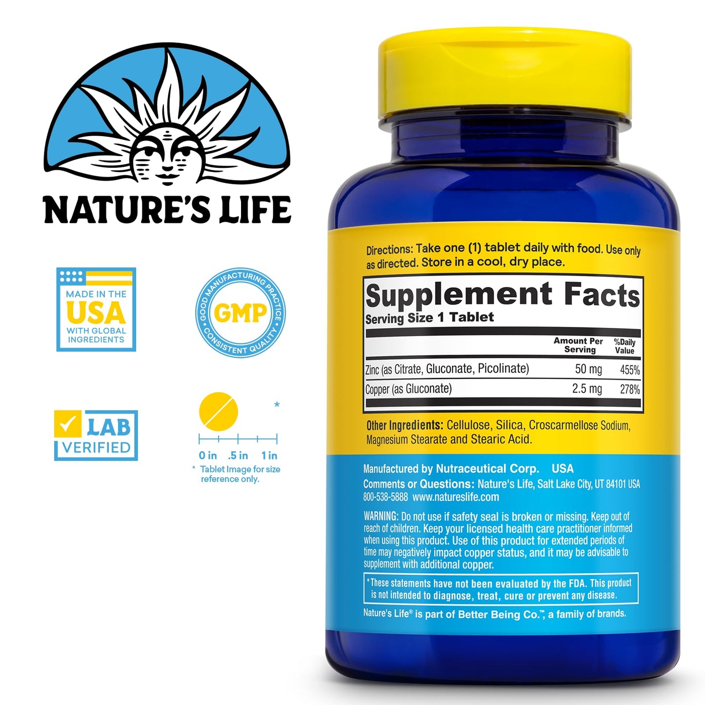 Nature's Life Protecting Zinc 50mg + Copper 2.5mg – Immune, Bone & Heart Health
