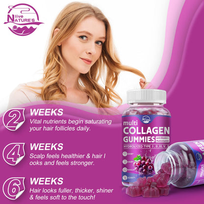 Nature's live Multi Collagen Peptides Gummies – Type I, II, III, V, X | 60 Count | Grape Blueberry Flavor