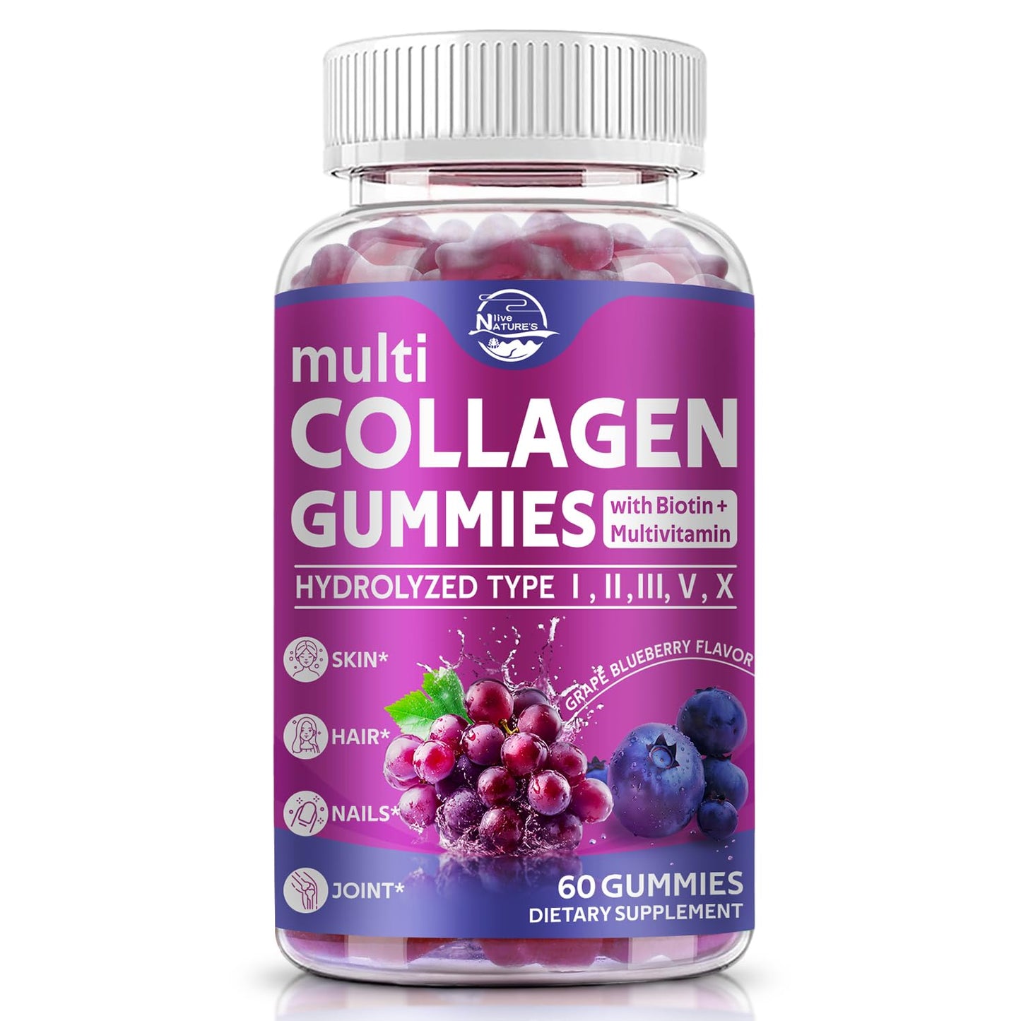 Nature's live Multi Collagen Peptides Gummies – Type I, II, III, V, X | 60 Count | Grape Blueberry Flavor