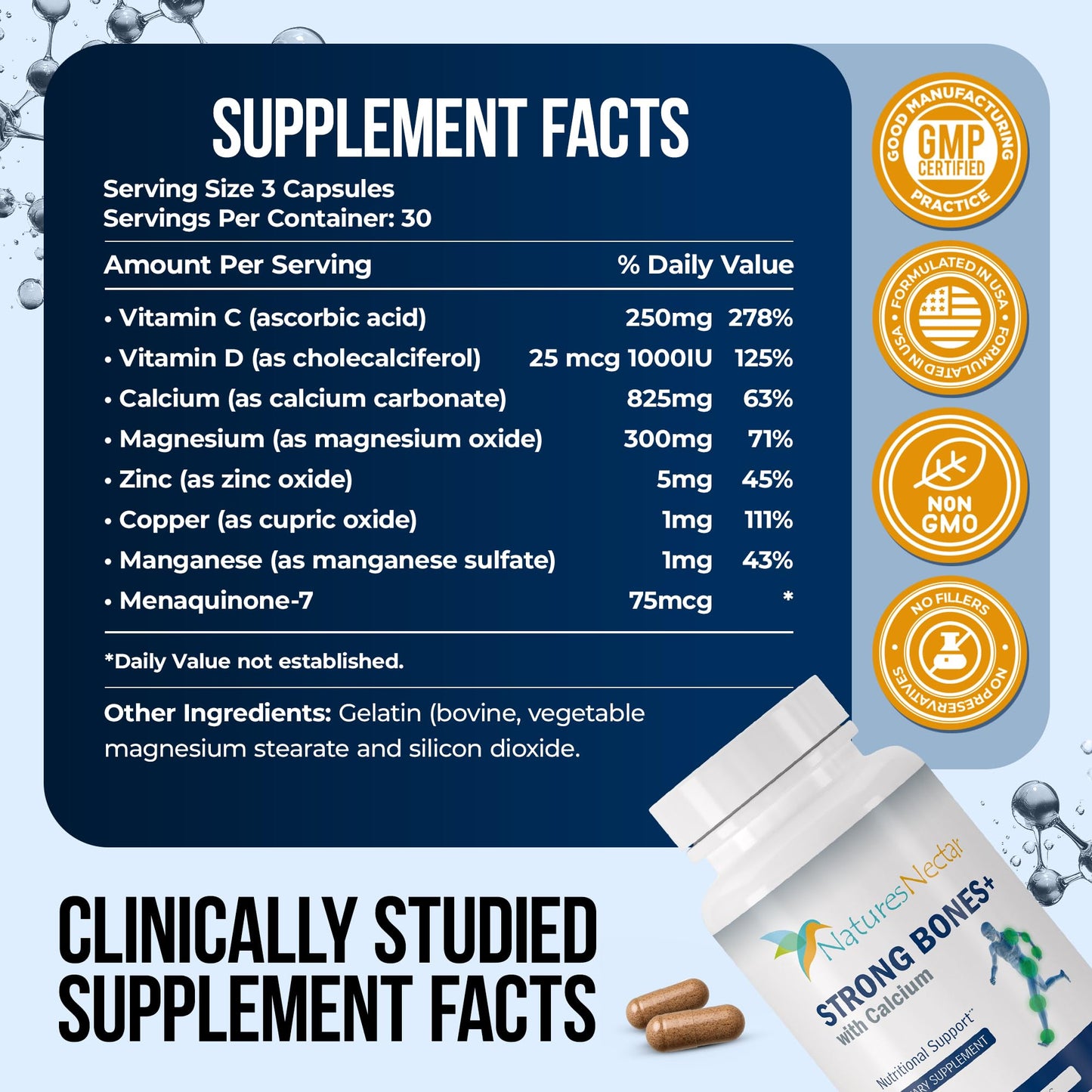 Nature's Nectar Bone & Joint Supplements – Calcium, Vitamin D, Magnesium & Strontium | 90 Caps