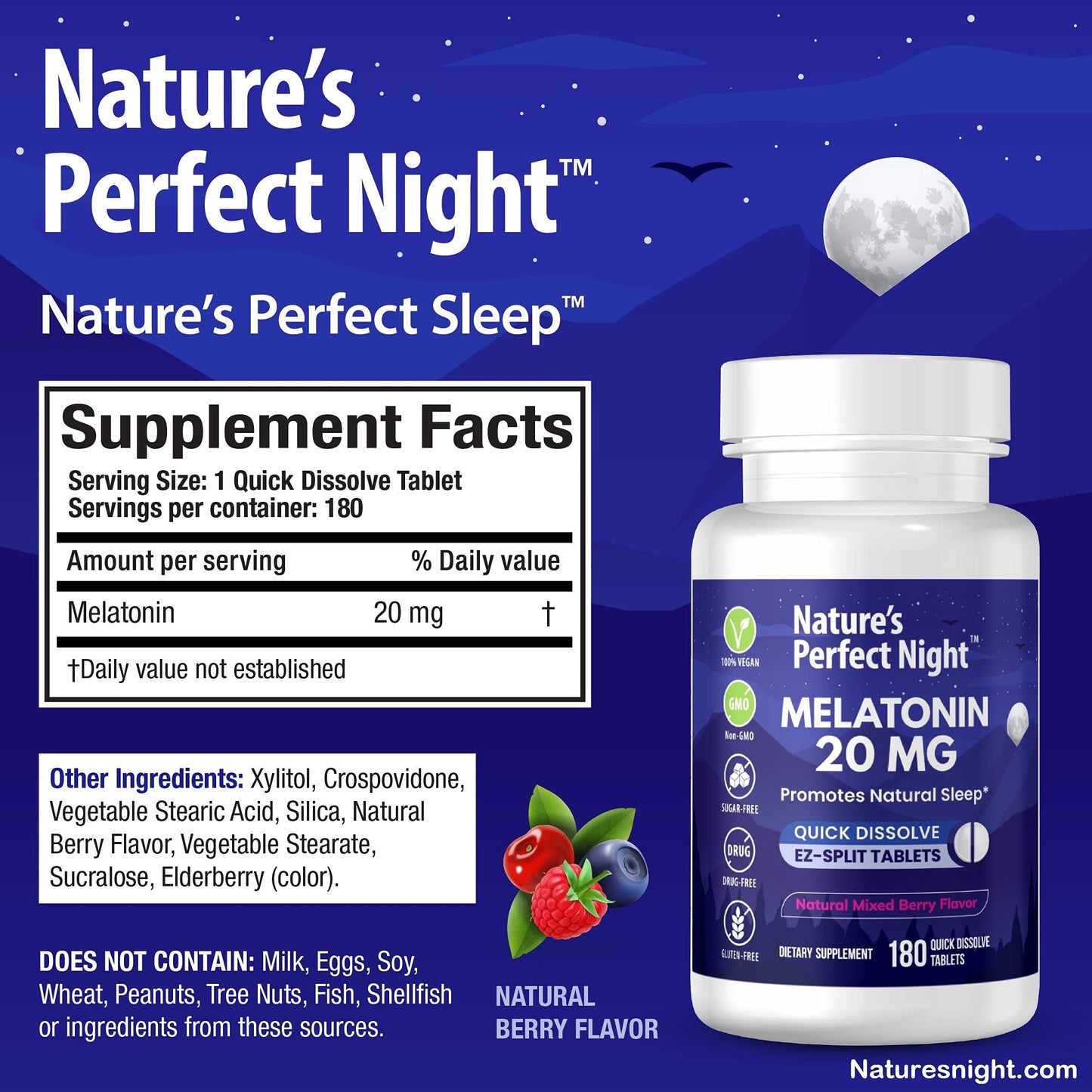 Nature's Perfect Night Melatonin 20mg | 180 Quick-Dissolve Tablets | Sugar Free