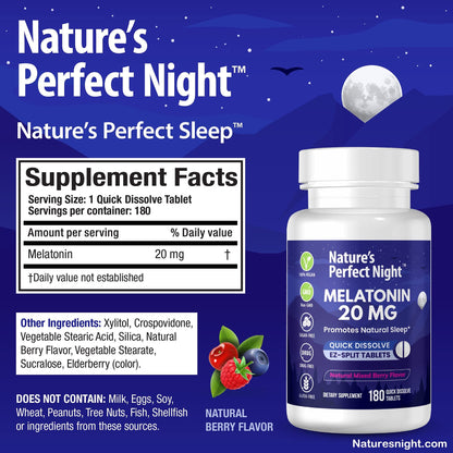 Nature's Perfect Night Melatonin 20mg | 180 Quick-Dissolve Tablets | Sugar Free