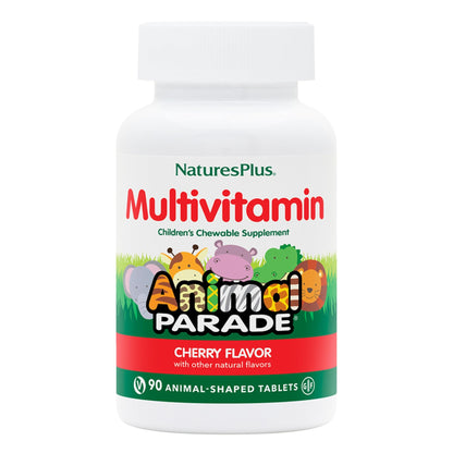 Natures Plus Animal Parade Kids Multivitamin – Cherry Chewables, 90 Animal-Shaped Tablets, Gluten Free & Vegetarian | 45 Servings