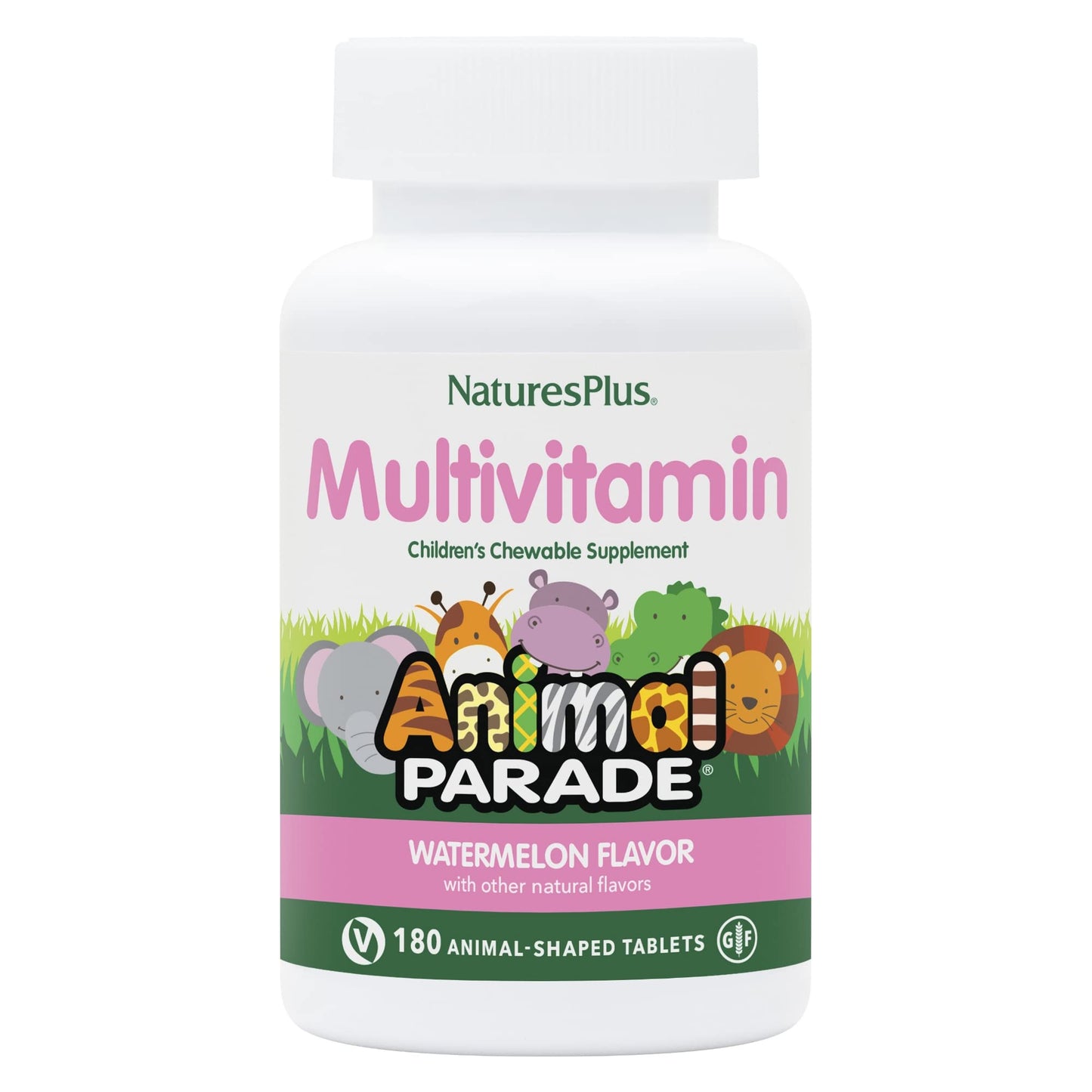 Natures Plus Animal Parade Children's Multivitamin - Watermelon, 180 Animal-Shaped Chewables (90 Servings) | Vegan & Gluten Free