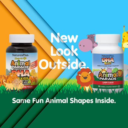 Nature's Plus Animal Parade DHA Children's Chewables – Cherry Flavor, 90 Animal-Shaped Tablets | Gluten Free