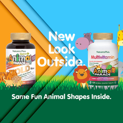 Nature's Plus Animal Parade Gold Children's Multivitamin – 120 Chewables, Cherry/Orange/Grape (Vegetarian, Gluten Free)