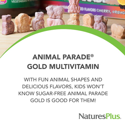 Nature's Plus Animal Parade Gold Children's Multivitamin – 120 Chewables, Cherry/Orange/Grape (Vegetarian, Gluten Free)