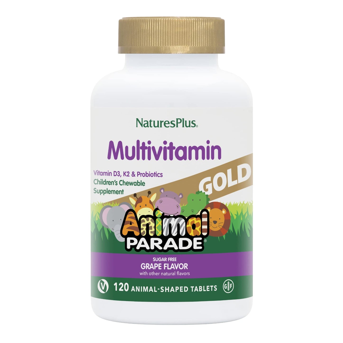 Natures Plus Animal Parade Gold Kids Multivitamin – Grape Chewables, 120 Count, Vegan & Gluten Free
