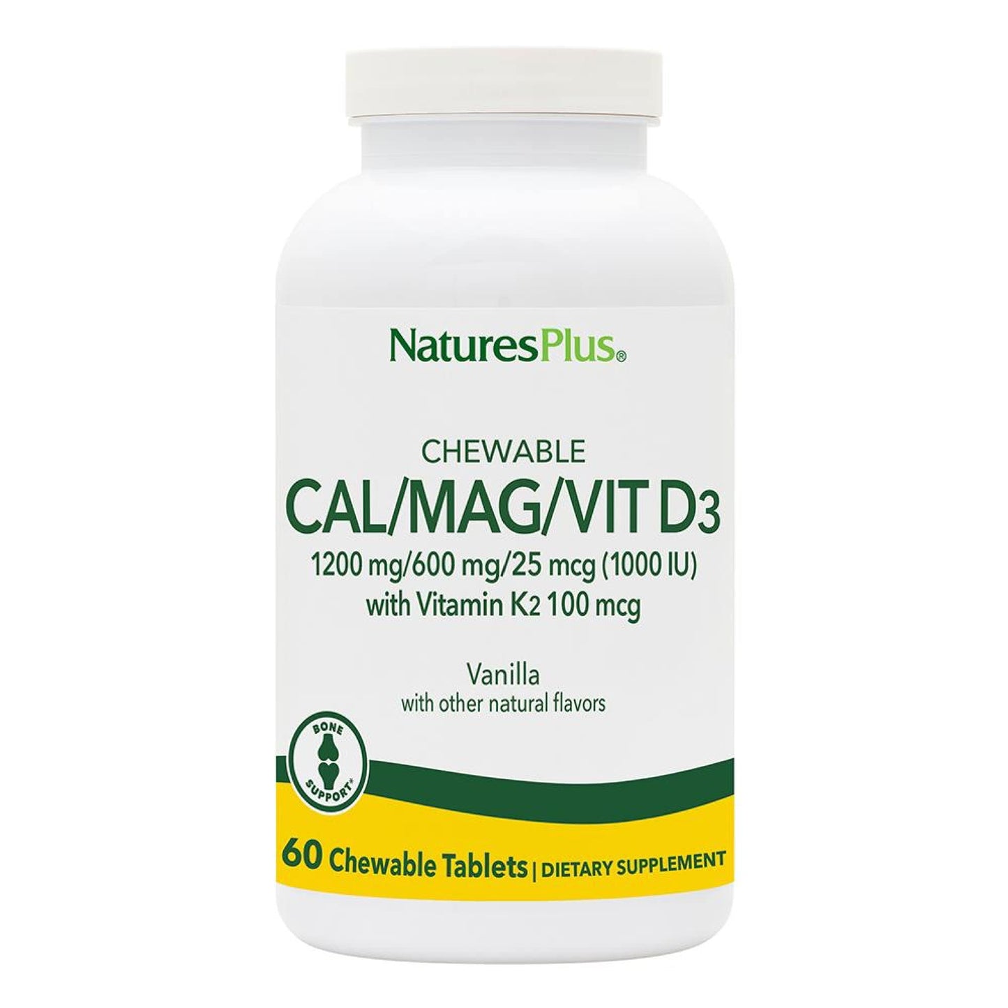 Natures Plus Cal/Mag/Vit D3 + K2 Chewables - Vanilla Flavor, 30 Servings | Gluten-Free Bone Health