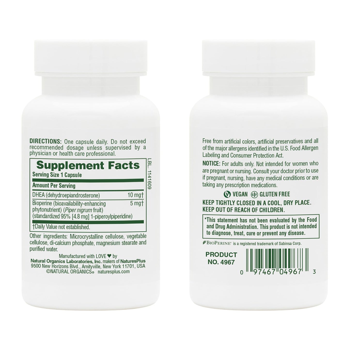 Natures Plus DHEA 10 with Bioperine - 10 mg, 90 Vegetarian Capsules | Gluten Free | 90 Servings