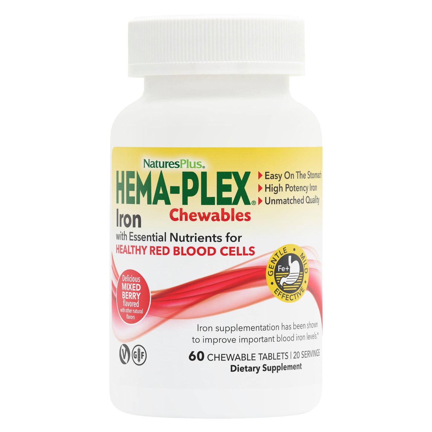 Natures Plus Hema-Plex Iron – 60 Mixed Berry Chewables, 85 mg Iron