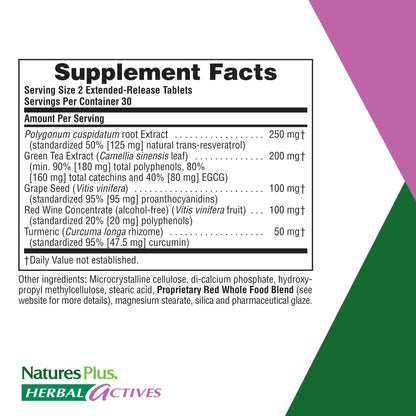 Natures Plus Herbal Actives Resveratrol, Extended Release - 125 mg | 60 Vegetarian Tablets - Gluten-Free