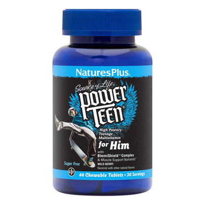 Natures Plus Power Teen for Him - 60 Wild Berry Chewables | High-Potency Teenage Multivitamin | Sugar Free, Vegetarian, Gluten Free - 30 Servings