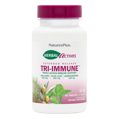 Natures Plus Herbal Actives Tri Immune – Olive Leaf, Arabinogalactans & Andrographis + Vitamin C (60 Vegan Tablets, Extended Release)