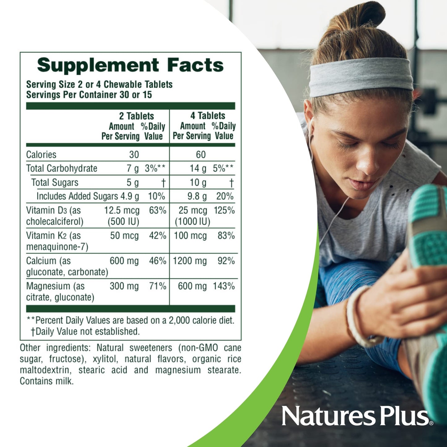 Natures Plus Cal/Mag/Vit D3 + K2 Chewables - Vanilla Flavor, 30 Servings | Gluten-Free Bone Health