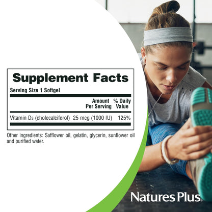 Nature's Plus Vitamin D3 1000 IU (Cholecalciferol) – 180 Softgels | Immune & Bone Health