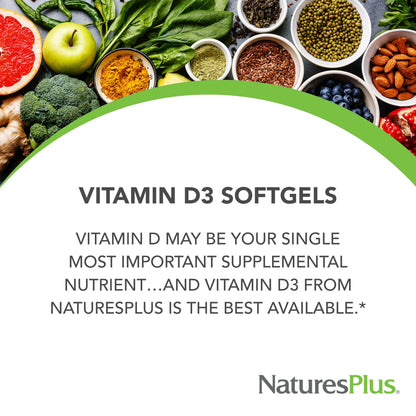 Nature's Plus Vitamin D3 1000 IU (Cholecalciferol) – 180 Softgels | Immune & Bone Health