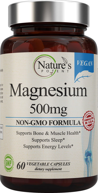 Nature's Potent Magnesium Supplements | Magnesium Citrate & Oxide 500mg | Vegan, USA Made, Sleep Support - 60 Veggie Capsules