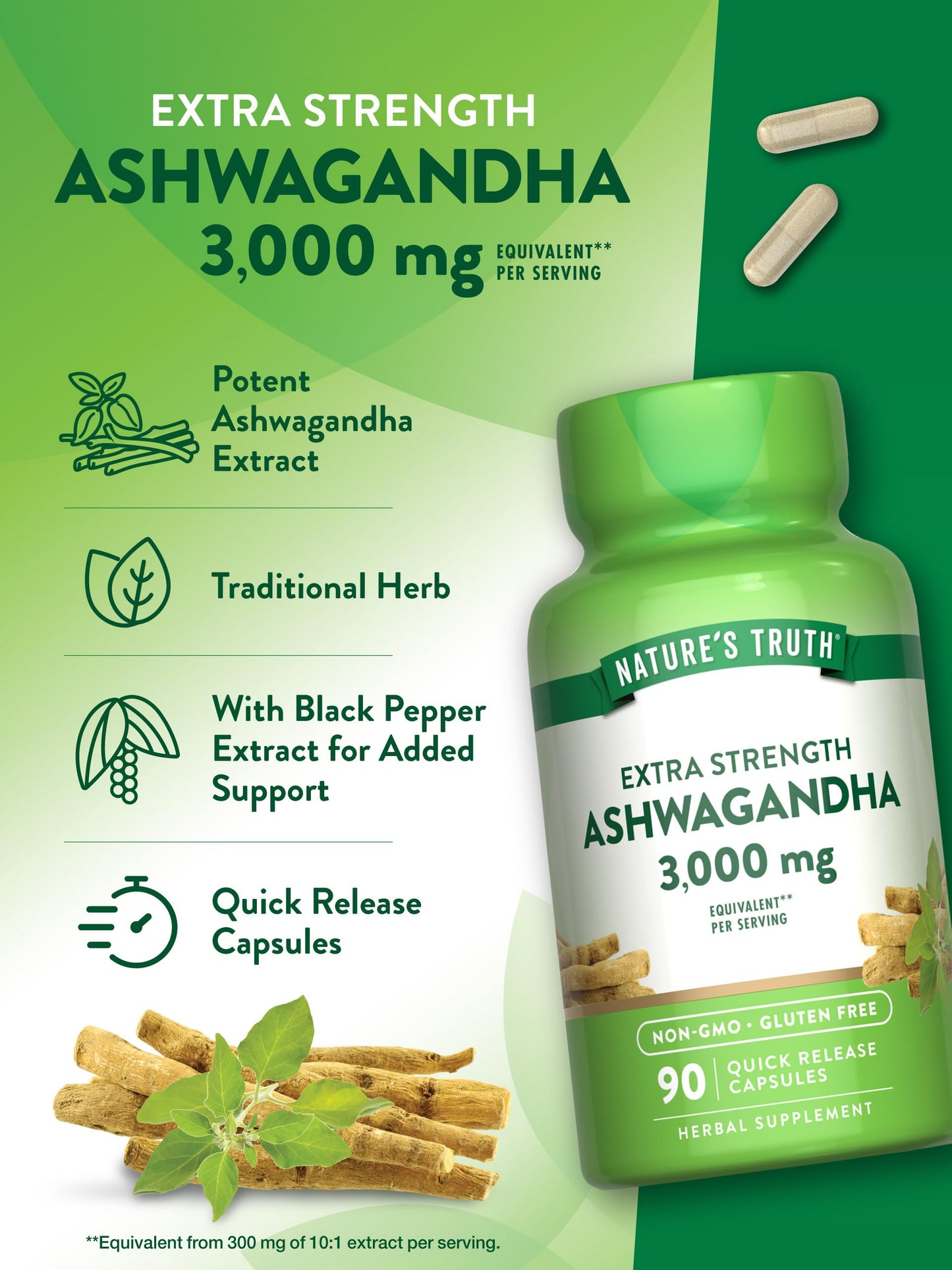 Nature's Truth Ashwagandha Capsules 3000mg – Extra Strength (90 Count) Pack of 2 | Black Pepper, Non-GMO & Gluten Free