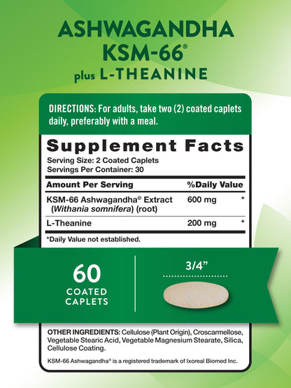 Nature's Truth KSM-66 Ashwagandha with L-Theanine | 60 Caplets | Vegan, Non-GMO, Gluten Free