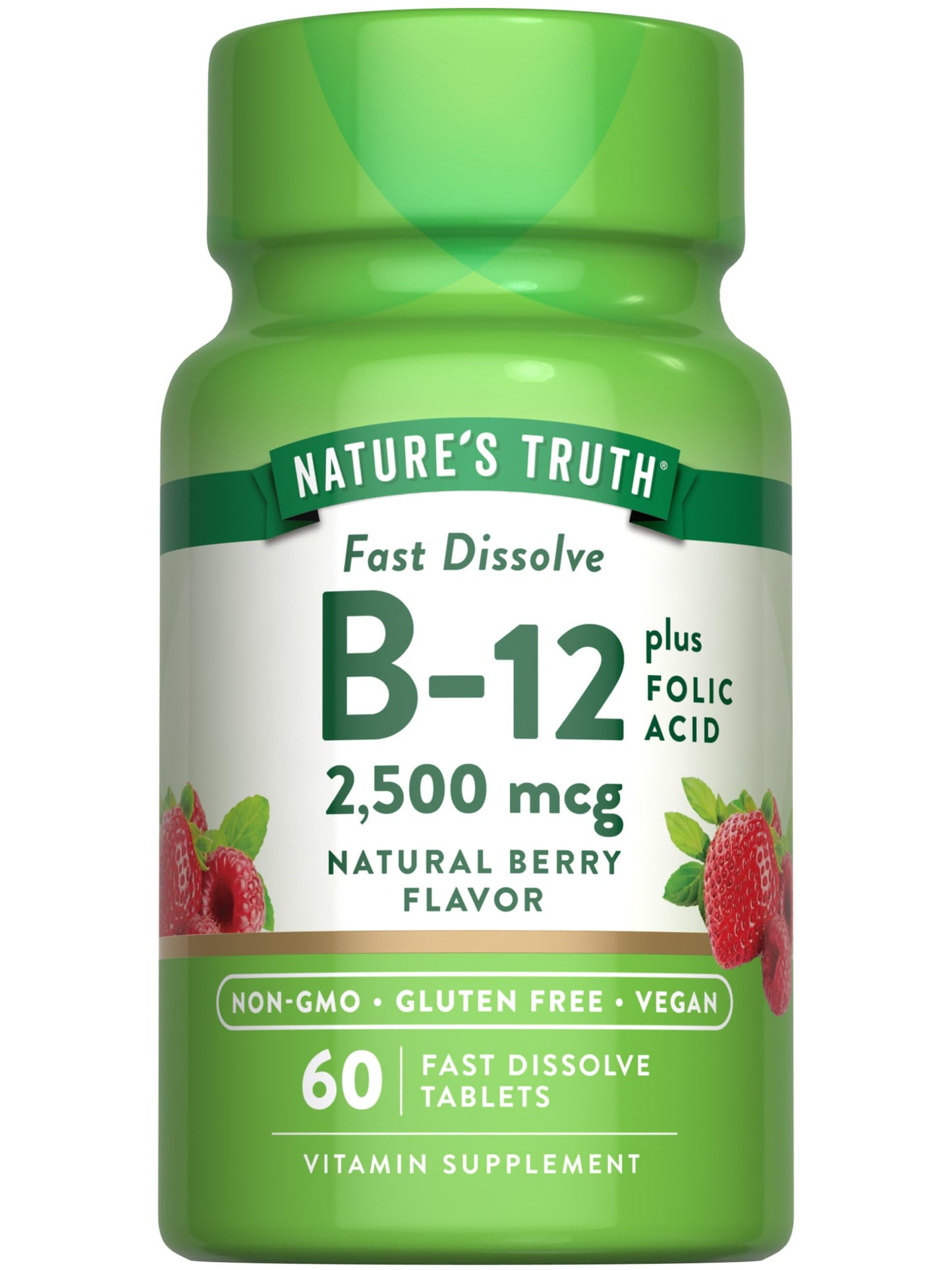Nature's Truth B12 Vitamin | 60 Fast Dissolve Tablets | 2500 mcg | with Folic Acid | Vegan, Non-GMO & Gluten Free